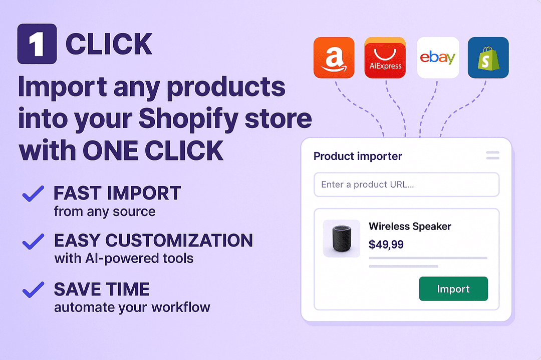1Click Product Import Dashboard showing bulk product import from Amazon to Shopify